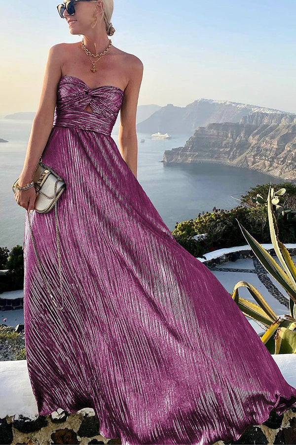 Celeste - Women’s Strapless A-Line Evening Gown with Pleated Metallic Finish