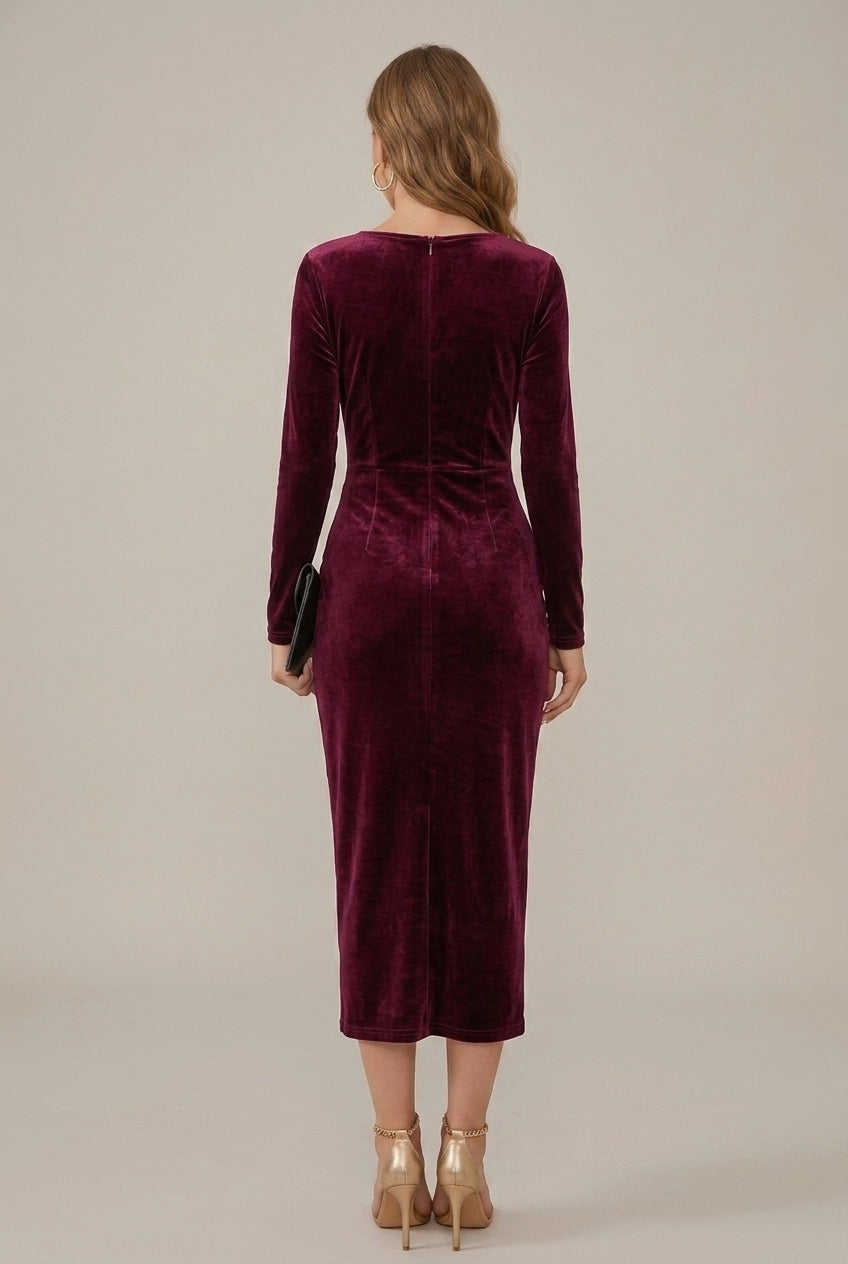 Women's Velvet Wrap V-Neck Sheath Midi Dress with Ruched Waist