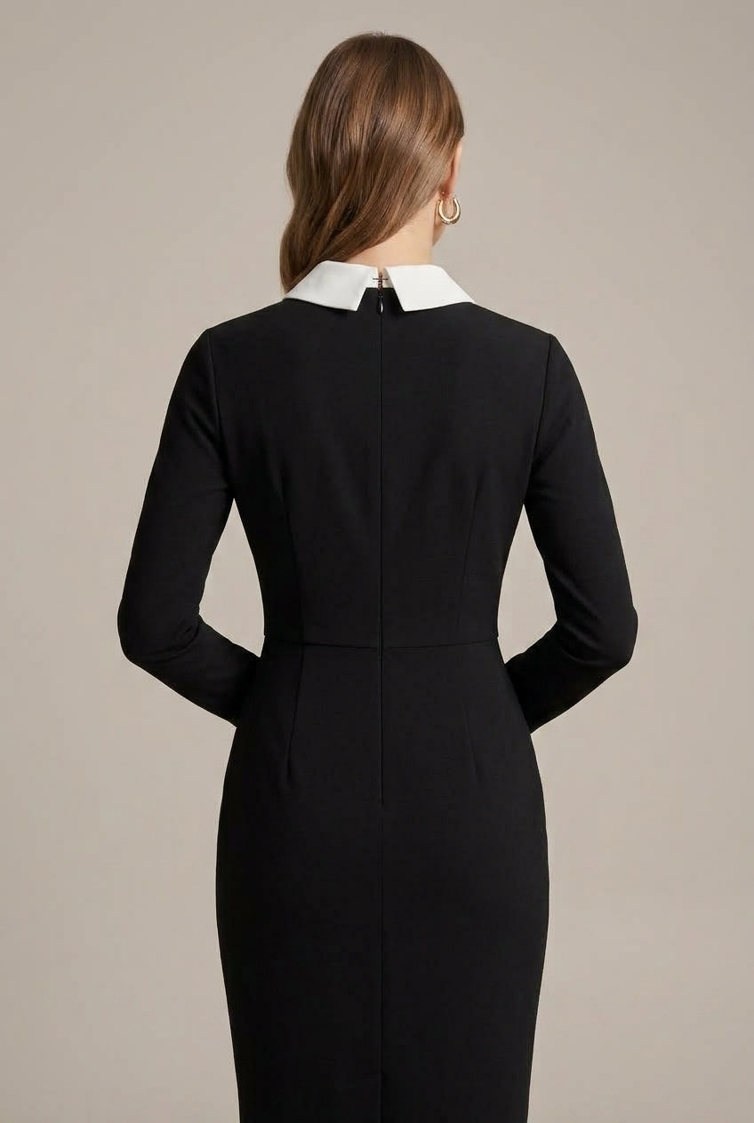 Women's Bodycon Midi Dress Contrast Collar