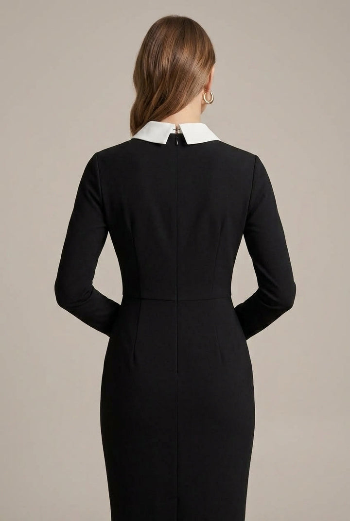 Women's Bodycon Midi Dress Contrast Collar
