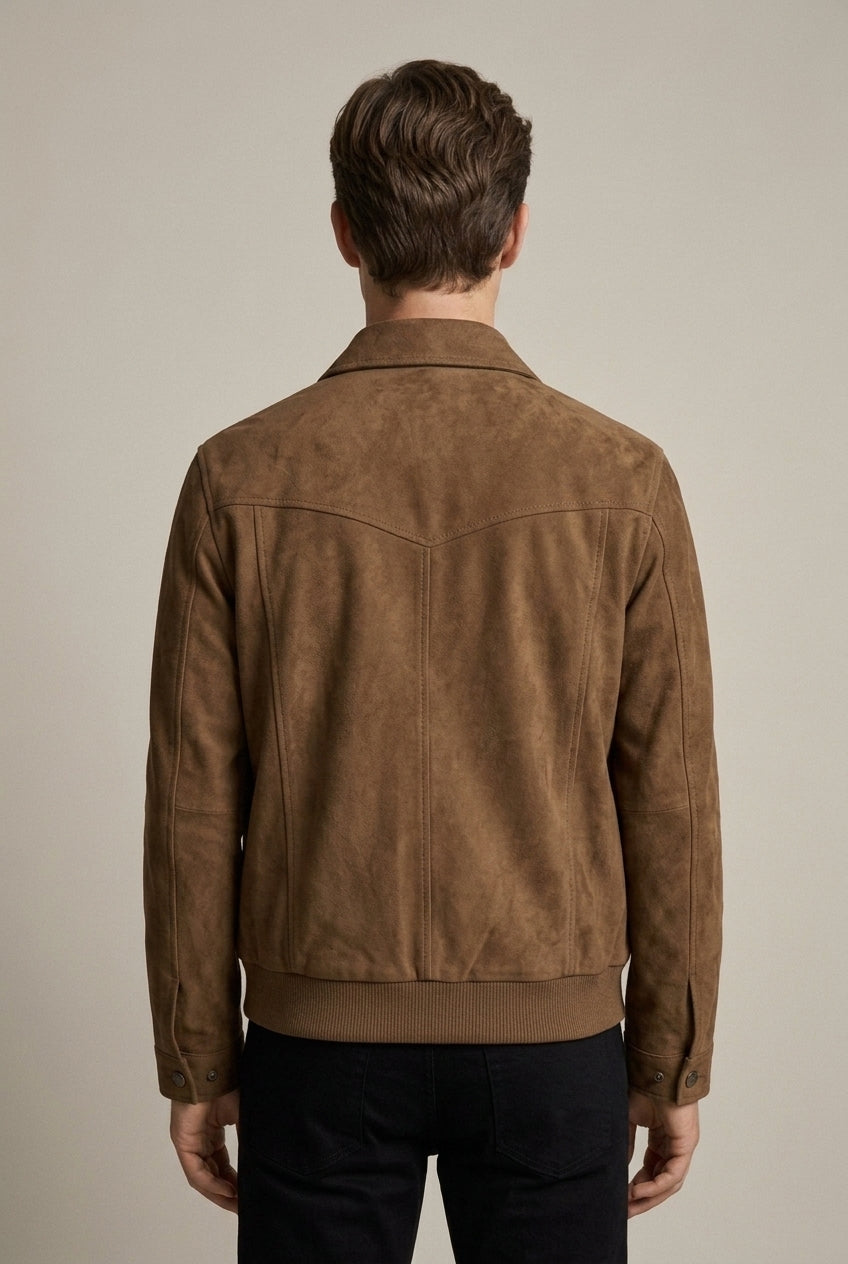 Men's Suede Bomber Jacket with Zip Front and Collar