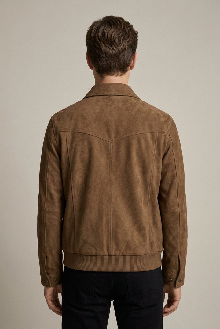 Men's Suede Bomber Jacket with Zip Front and Collar