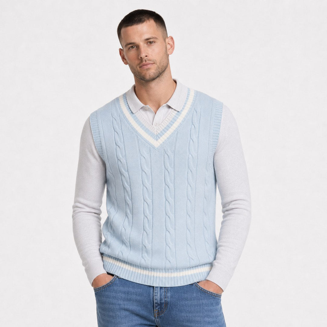 Men's Cable Knit V-Neck Sweater Vest - Light Blue