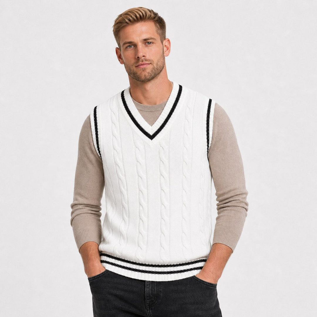 Men's Cable Knit V-Neck Sweater Vest - White