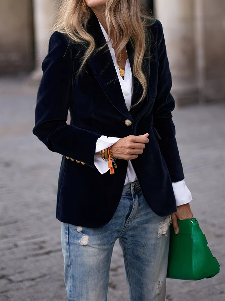 Elegant Velvet Blazer with Gold Button Details - Modern Luxury Style