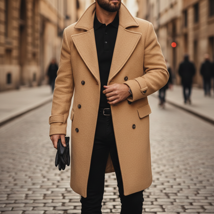 Men's Longline Wool Blend Coat with Notch Lapels
