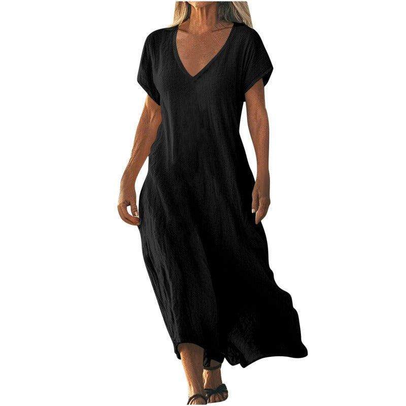 Black V-neck maxi dress with cap sleeves