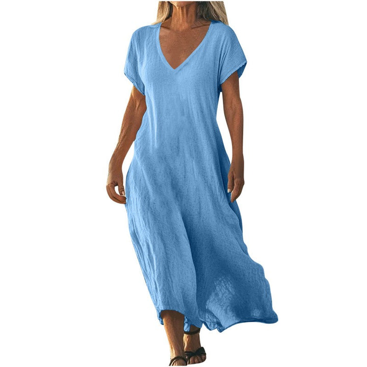 Blue V-neck maxi dress with cap sleeves