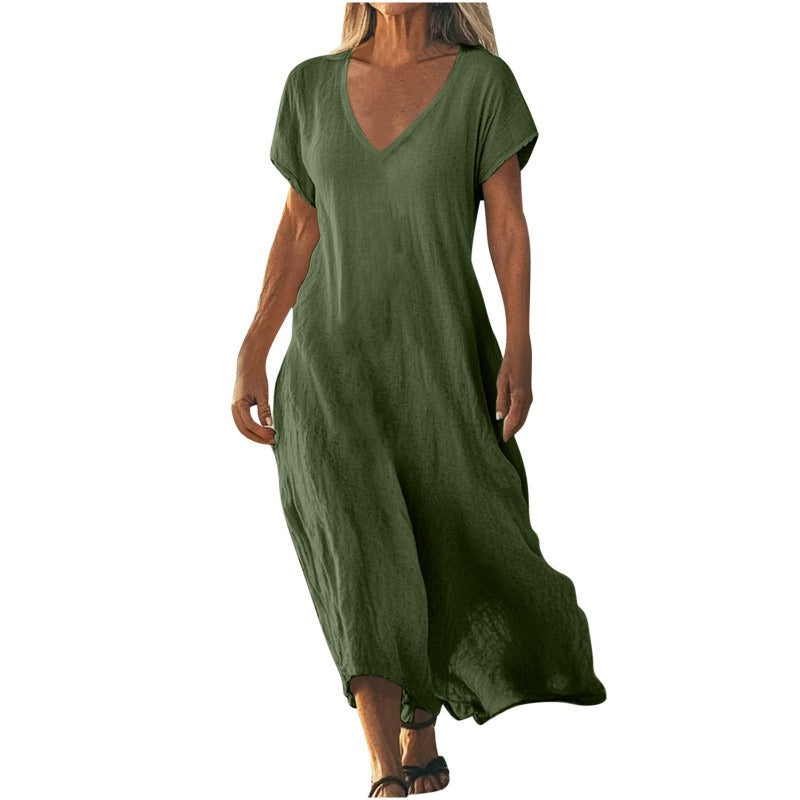 Olive green V-neck maxi dress with cap sleeves