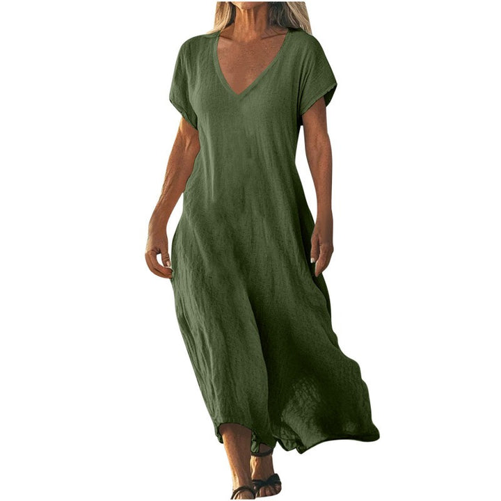 Olive green V-neck maxi dress with cap sleeves