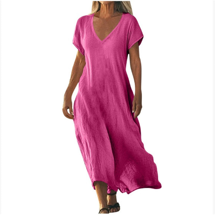 Pink V-neck maxi dress with cap sleeves