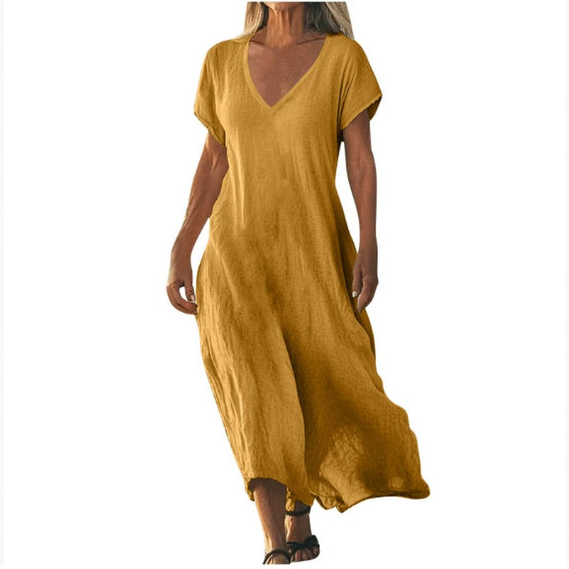 Mustard yellow V-neck maxi dress with cap sleeves