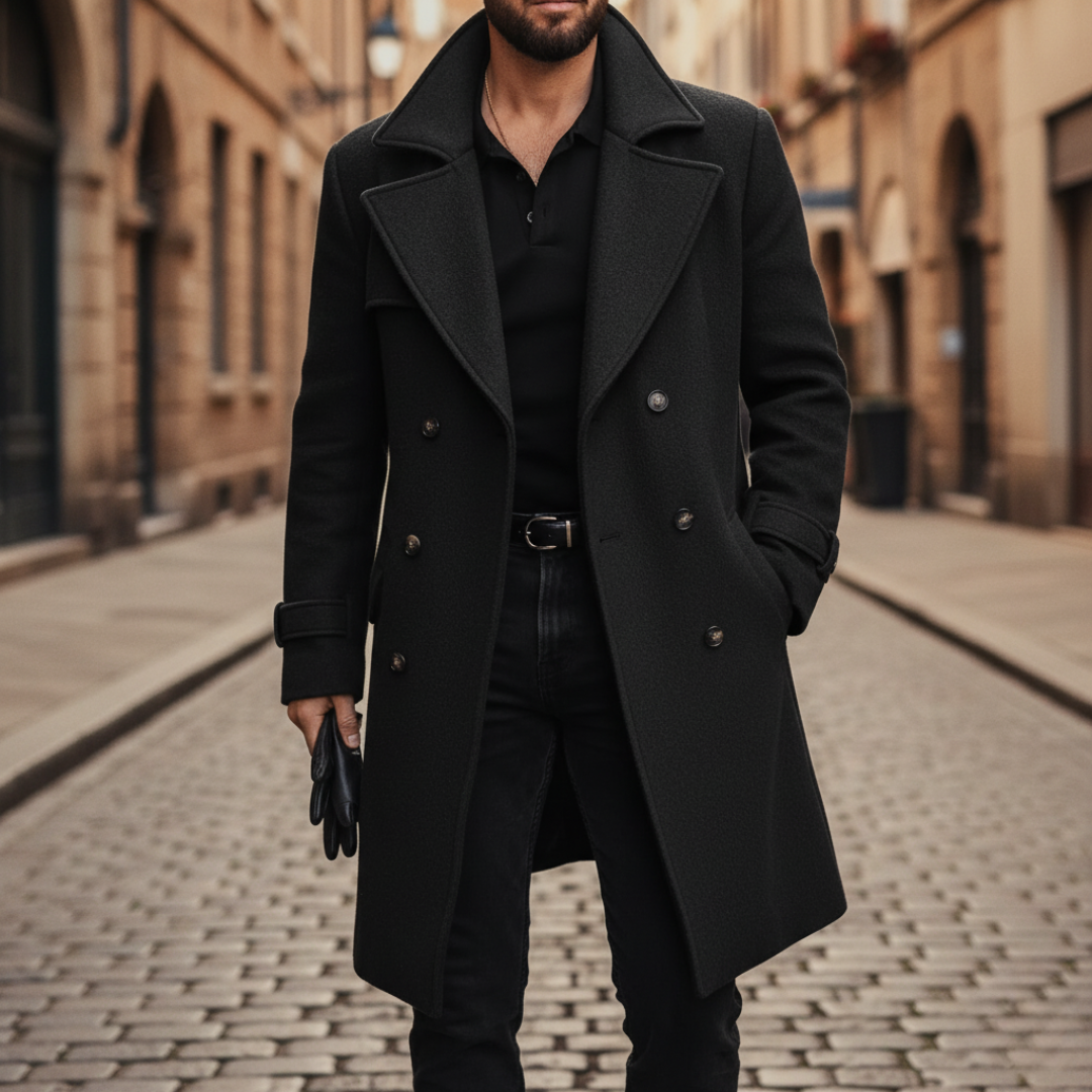 Men's Longline Wool Blend Coat with Notch Lapels