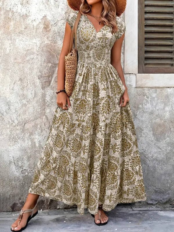 Eleanor | Boho Maxi Dress Smocked Waist Tiered V-Neck Print