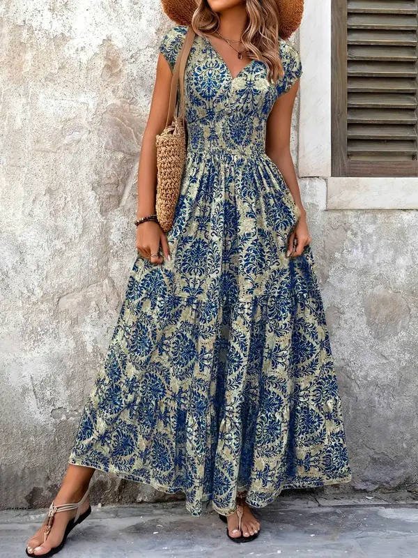 Eleanor | Boho Maxi Dress Smocked Waist Tiered V-Neck Print