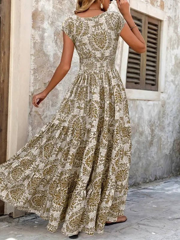 Eleanor | Boho Maxi Dress Smocked Waist Tiered V-Neck Print
