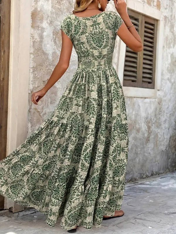 Eleanor | Boho Maxi Dress Smocked Waist Tiered V-Neck Print