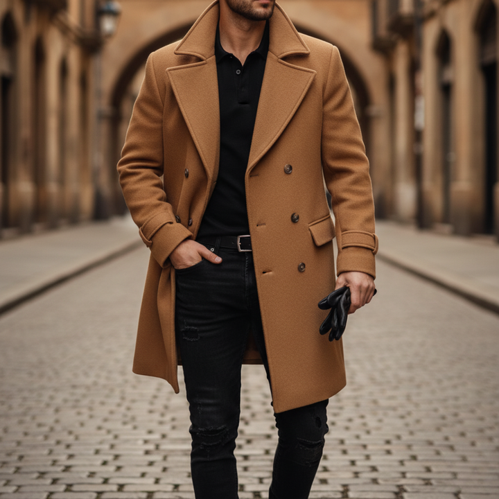 Men's Longline Wool Blend Coat with Notch Lapels