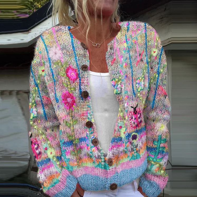 Women's Soft Knit Cardigan with Floral Buttons - Multicolour