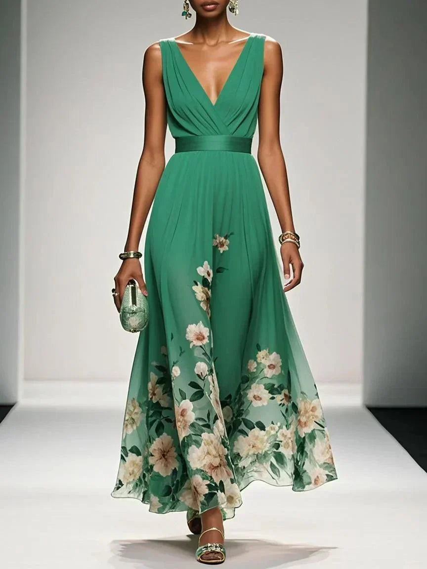 Elegant Floral Women’s Maxi Dress with Pleated Bodice