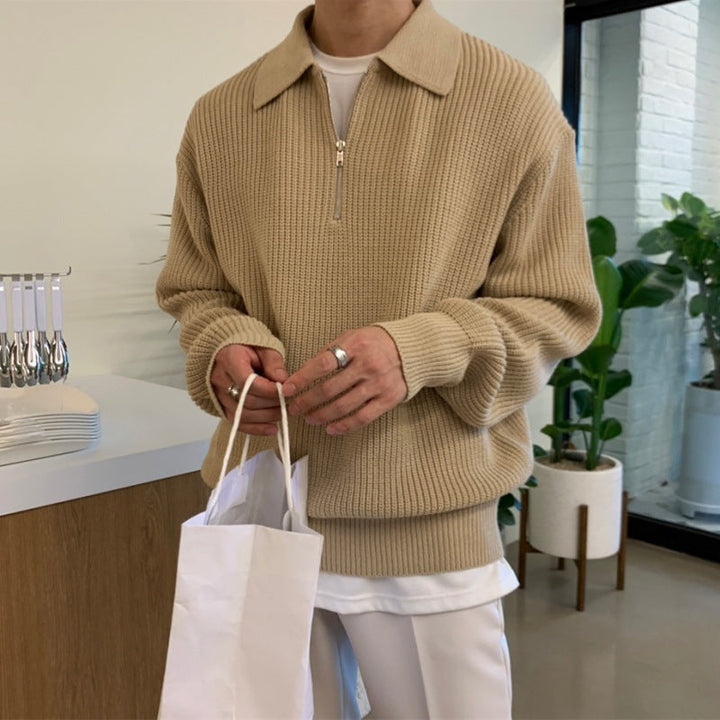 Men's Half-Zip Knitted Jumper with Stand Collar