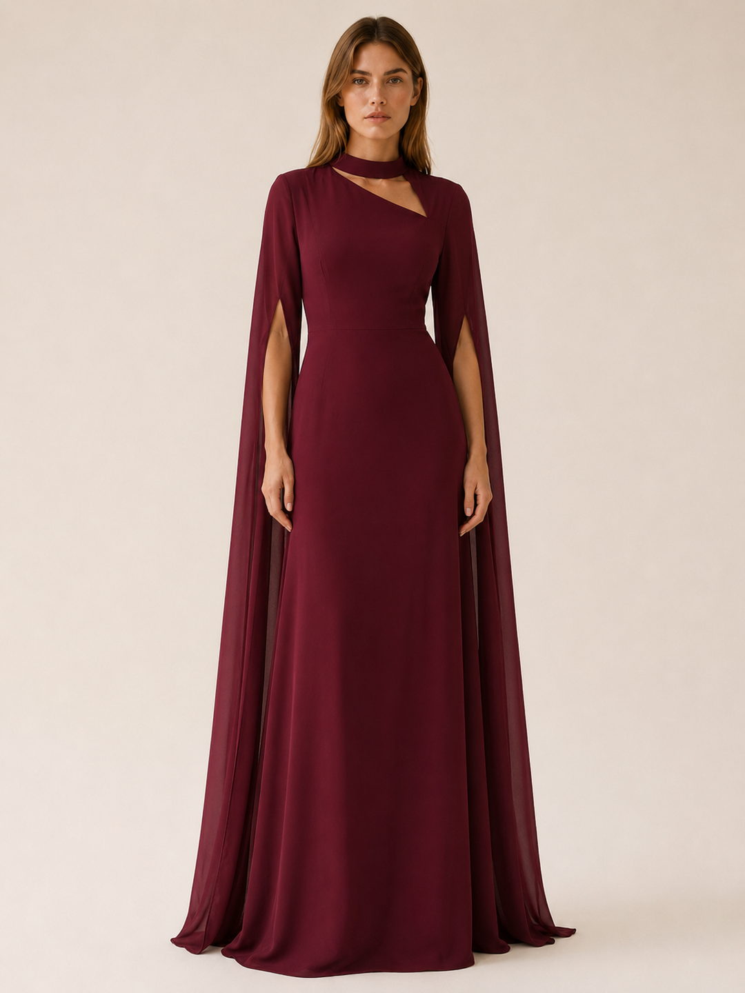 Abito lungo da donna in chiffon con scollo a V e maniche a mantella