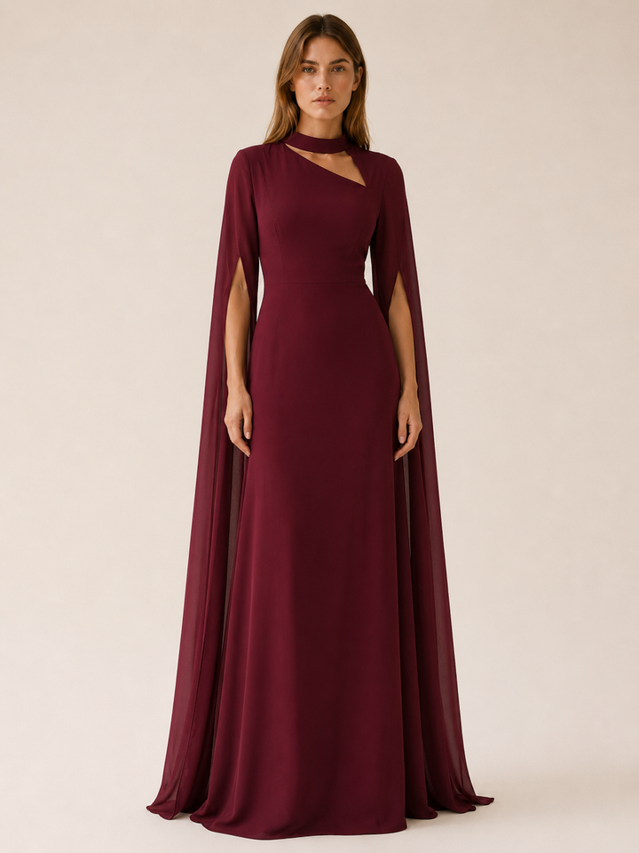 Abito lungo da donna in chiffon con scollo a V e maniche a mantella