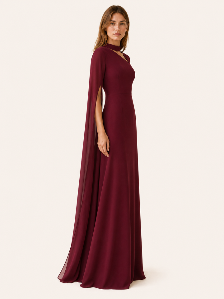 Abito lungo da donna in chiffon con scollo a V e maniche a mantella