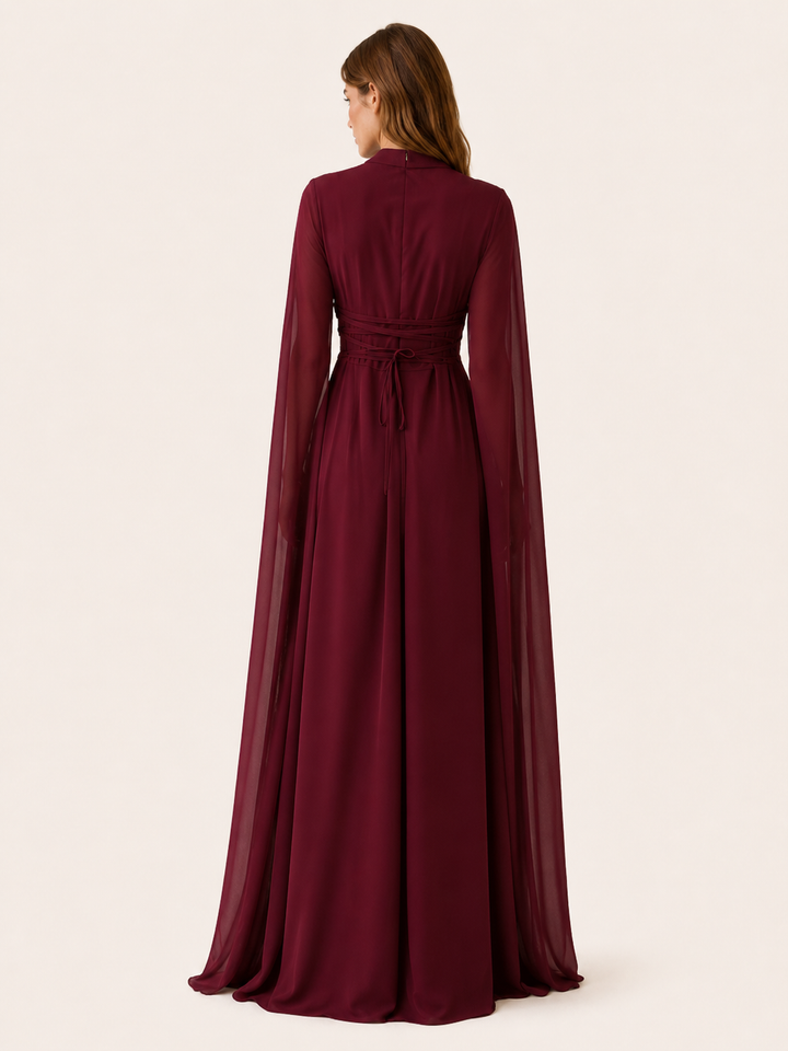 Abito lungo da donna in chiffon con scollo a V e maniche a mantella