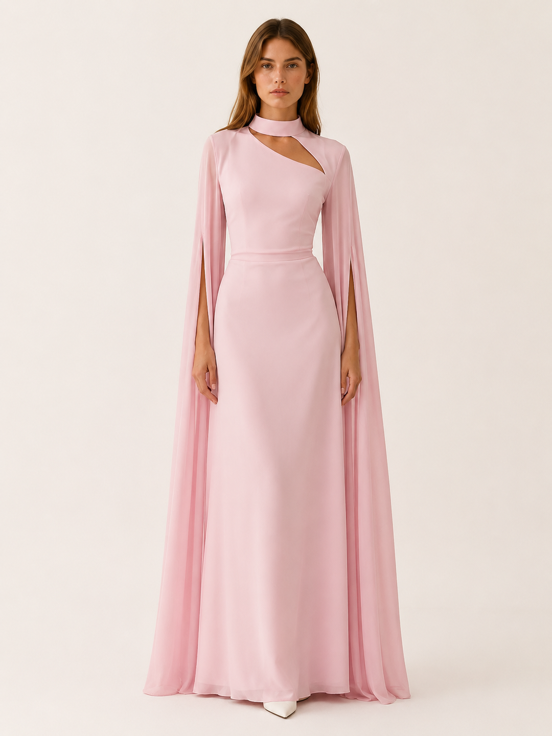 Abito lungo da donna in chiffon con scollo a V e maniche a mantella