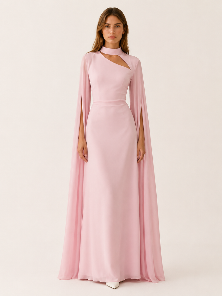 Abito lungo da donna in chiffon con scollo a V e maniche a mantella
