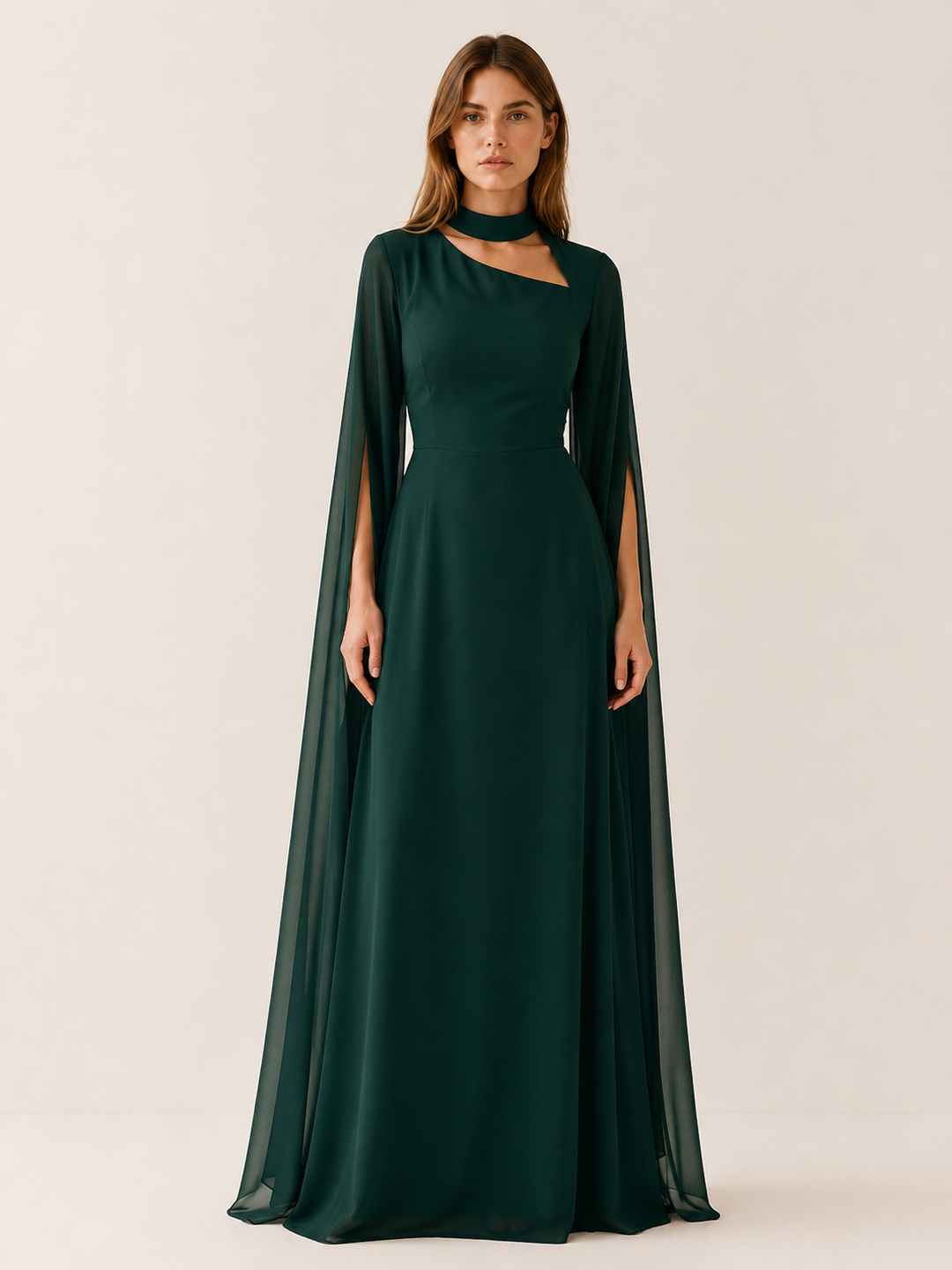 Abito lungo da donna in chiffon con scollo a V e maniche a mantella