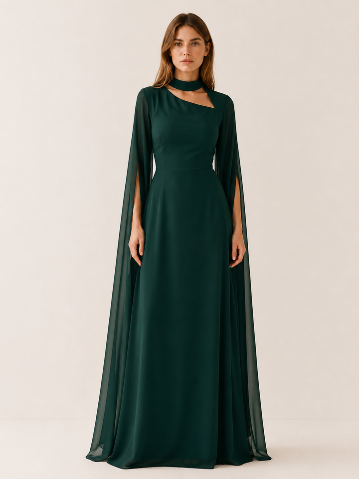 Abito lungo da donna in chiffon con scollo a V e maniche a mantella