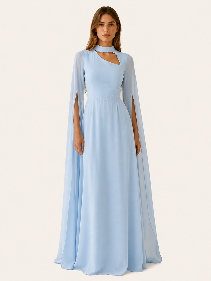 Abito lungo da donna in chiffon con scollo a V e maniche a mantella