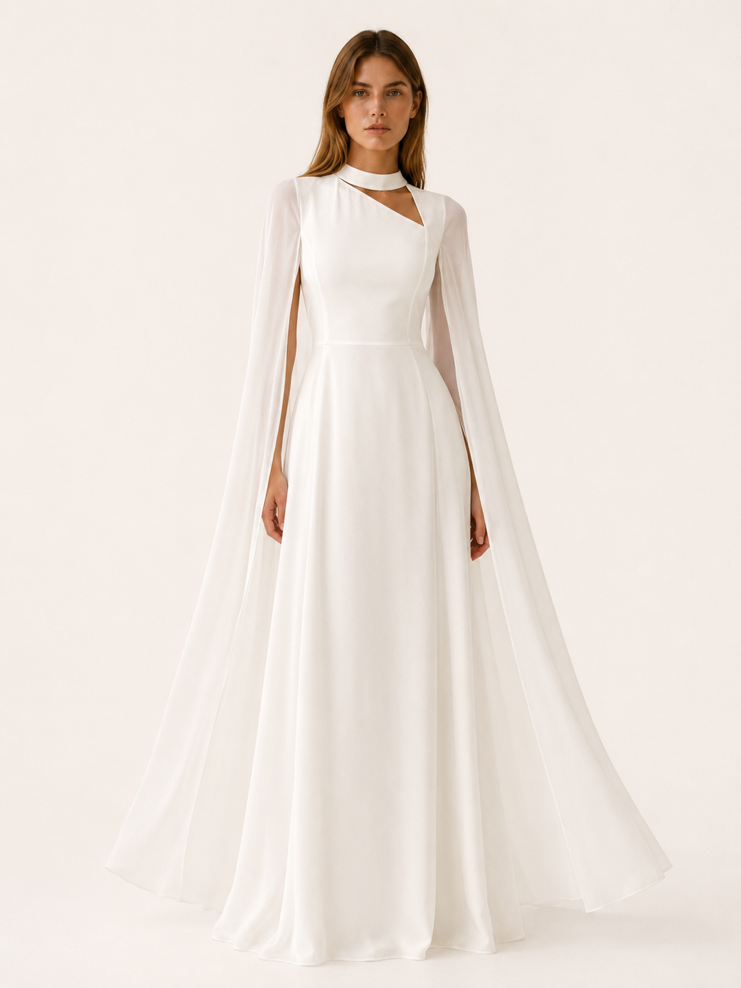 Abito lungo da donna in chiffon con scollo a V e maniche a mantella