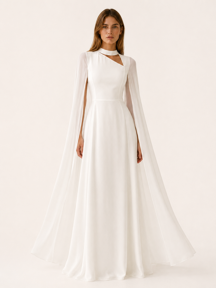 Abito lungo da donna in chiffon con scollo a V e maniche a mantella