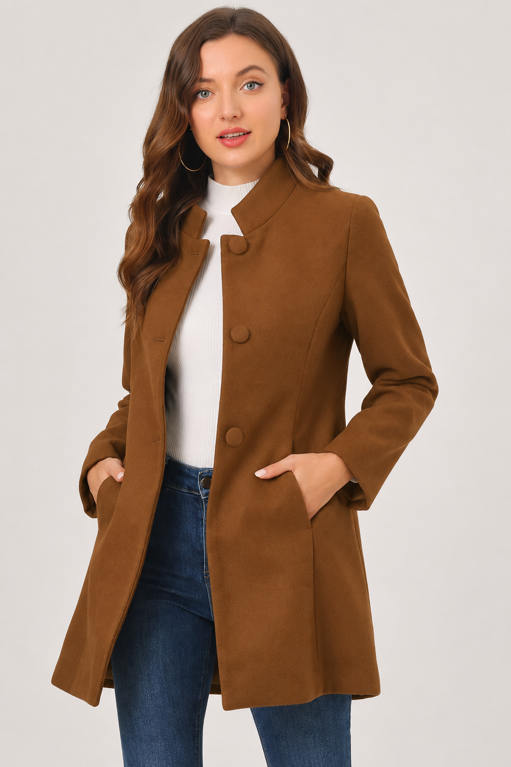 Camilla - Women's Mid-Length Trench Coat with High Collar