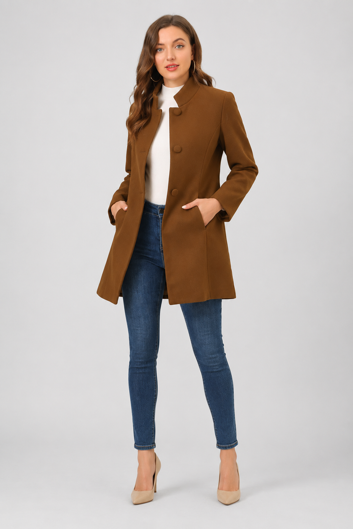Camilla - Women's Mid-Length Trench Coat with High Collar – view 2