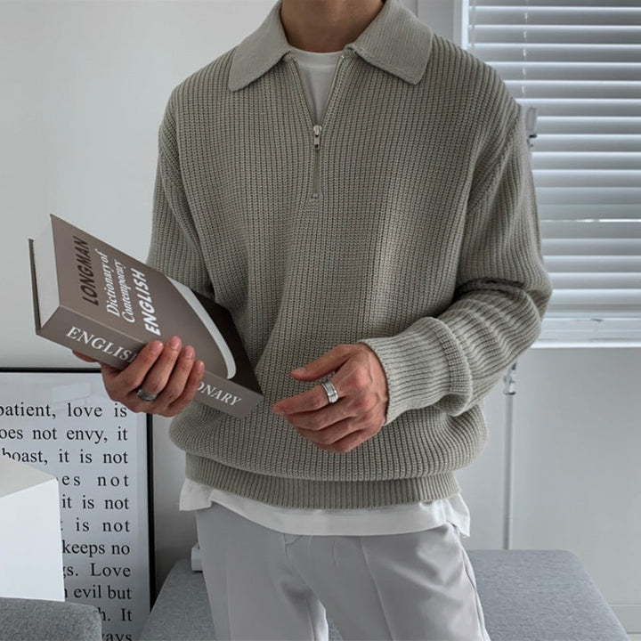 Men's Half-Zip Knitted Jumper with Stand Collar