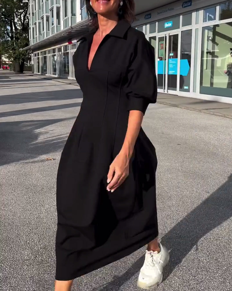 Women's Black Midi Shirt Dress with Pockets