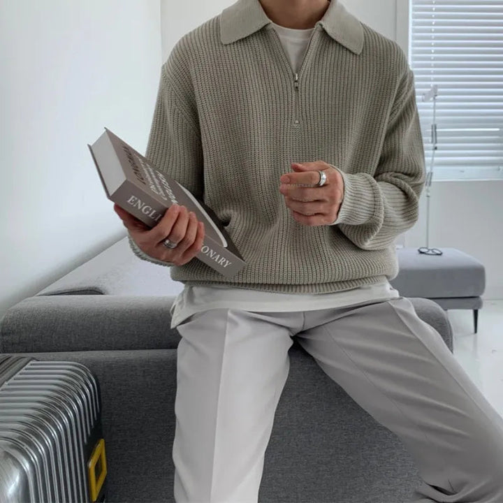 Men's Half-Zip Knitted Jumper with Stand Collar