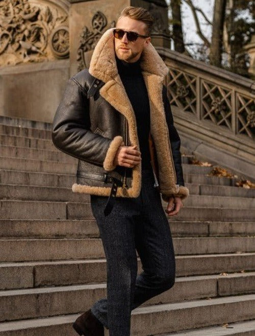 Chester - Men's Leather Look Aviator Jacket with Shearling Collar - photo 2