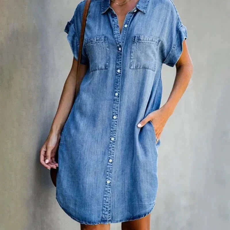 Claudette - Women's Denim Shirt Dress with Button Front - photo 1