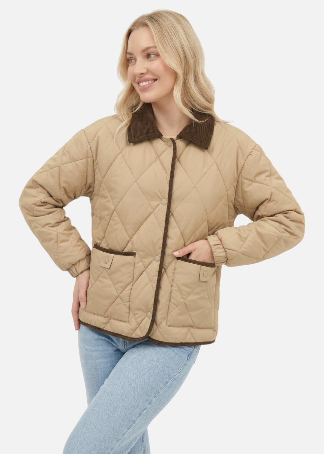 Women's Quilted Velvet Jacket - Beige