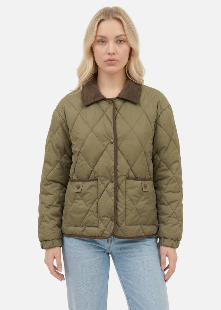 Women's Quilted Velvet Jacket - Olive Green