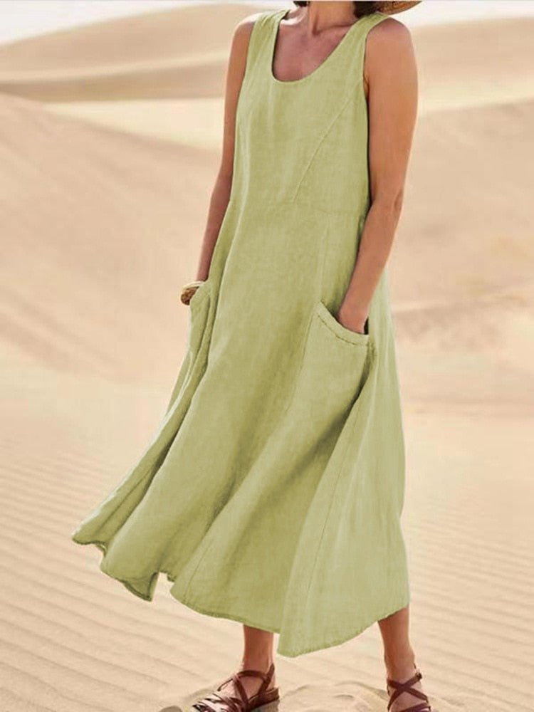 Marguerite Vosclaire | Sleeveless Linen Maxi Dress with Pockets