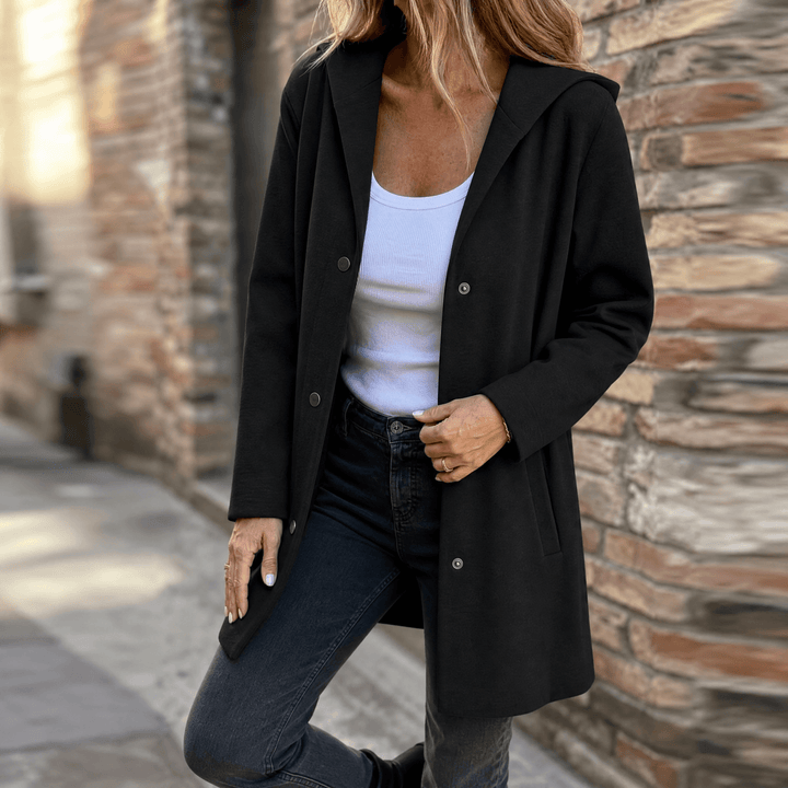 Women's Hooded Wool Coat with Pockets and a Button Front – Black