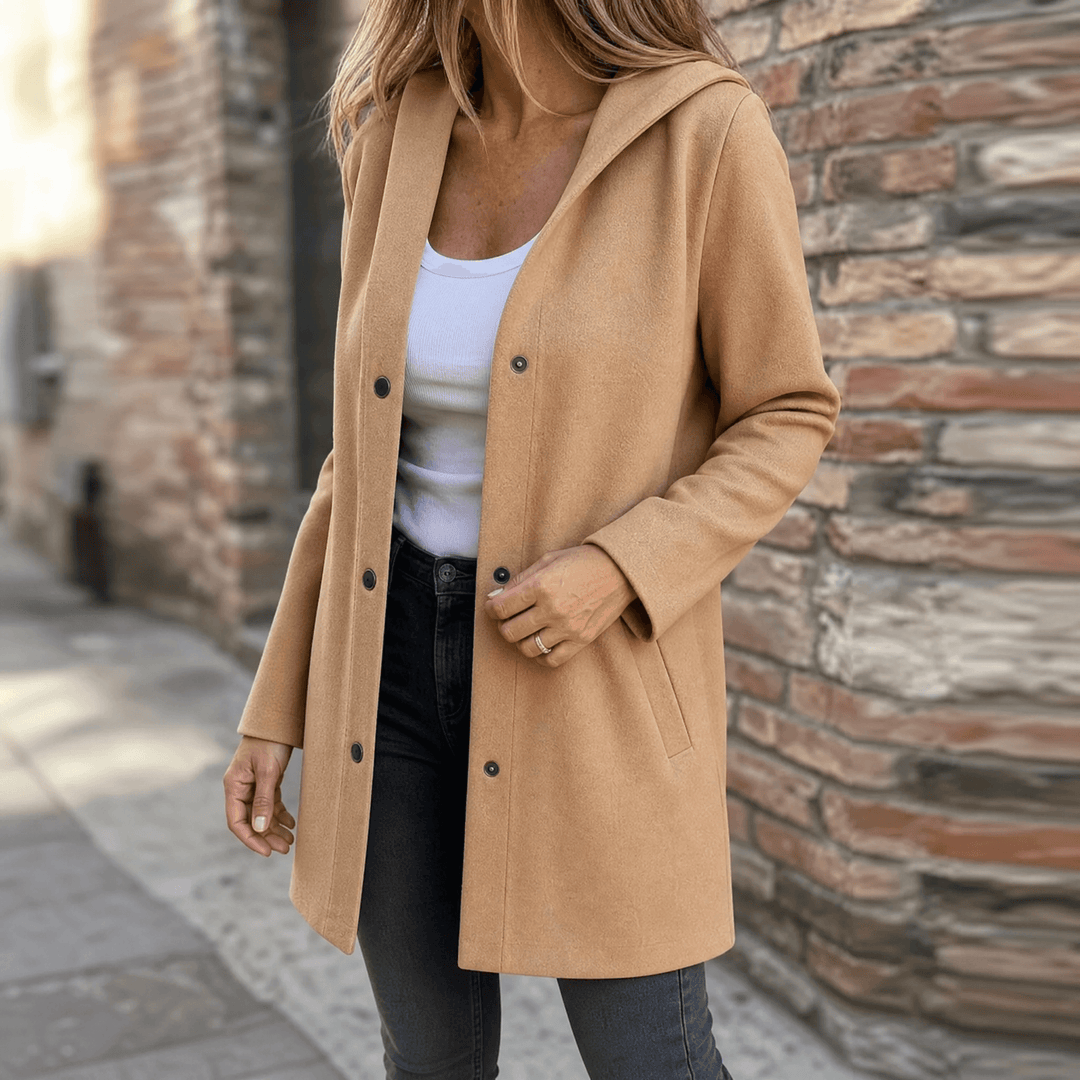 Women's Hooded Wool Coat with Pockets and a Button Front – Camel