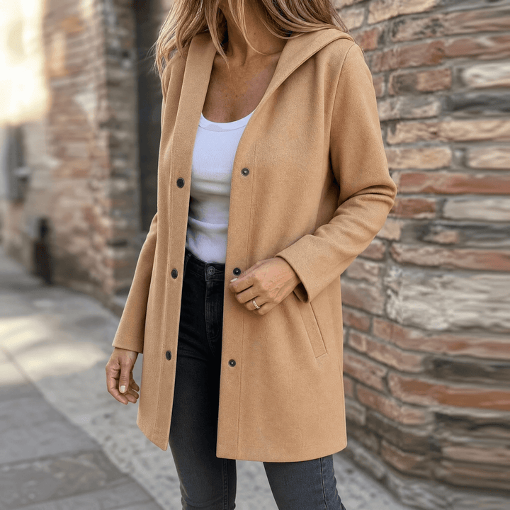 Women's Hooded Wool Coat with Pockets and a Button Front – Camel