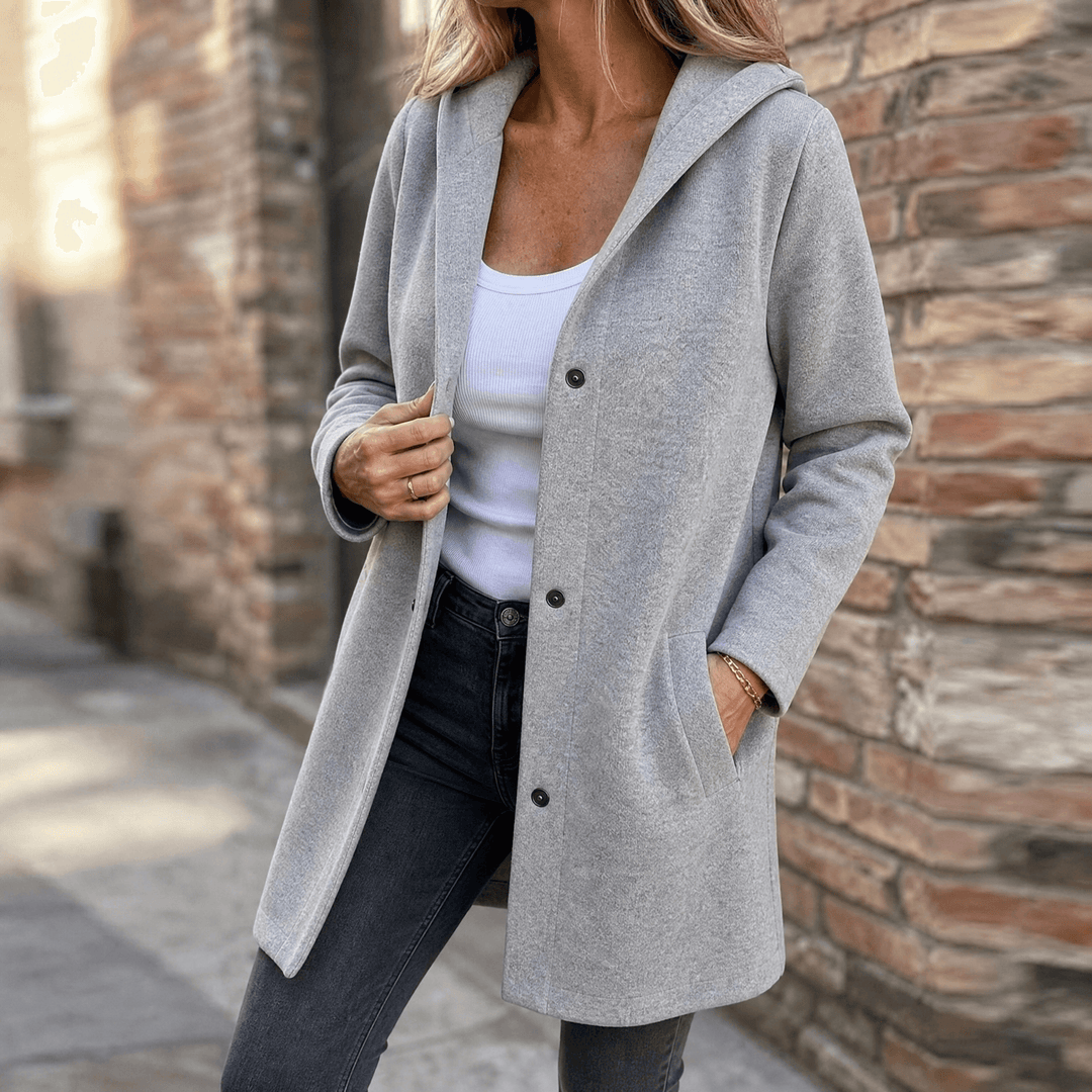 Women's Hooded Wool Coat with Pockets and a Button Front – Grey